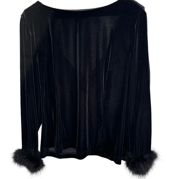 Jessica Howard Black Velvet Feather Cuff Deep Back Drape Top Blouse Holiday 24 - Picture 1 of 9